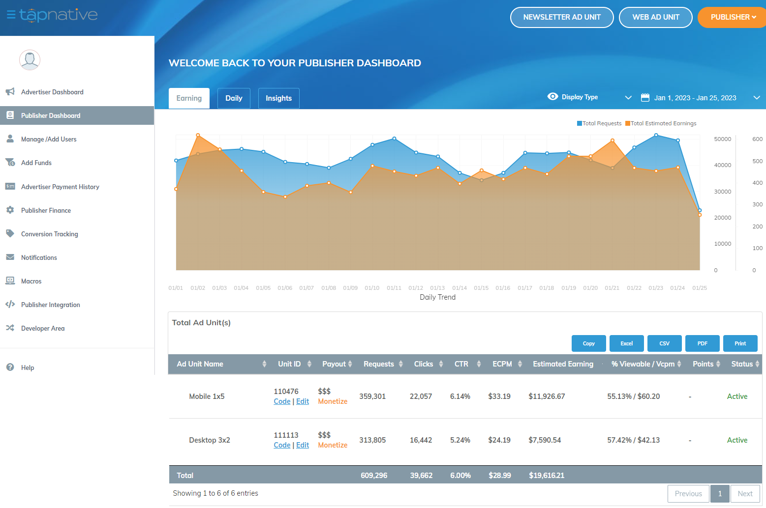 Tap Native Publisher Dashboard